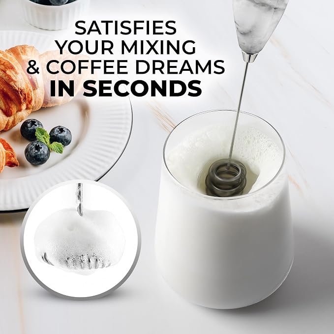 Zulay Kitchen Powerful Milk Frother Wand With Duracell Batteries - Ultra Fast Handheld Drink Mixer - Electric Whisk Foam Maker for Coffee, Lattes, Cappuccino & Matcha - Triple Whisk - Onyx Marble