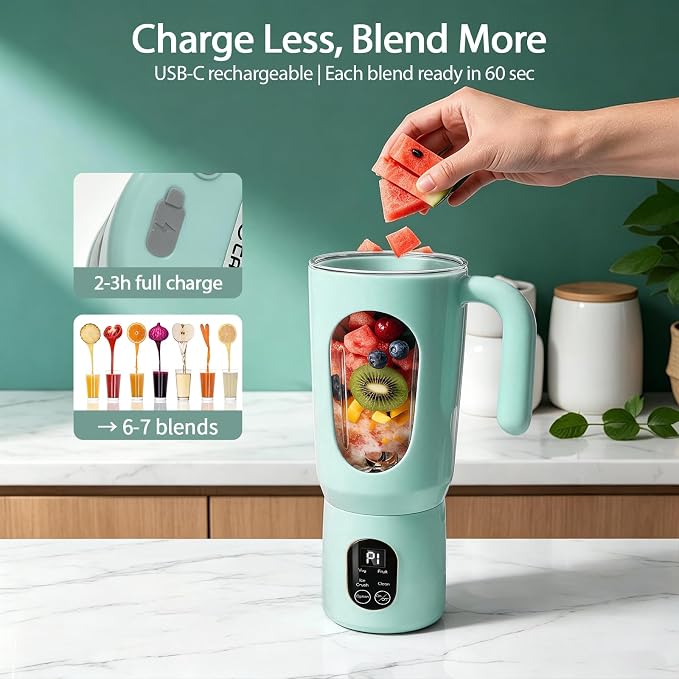 Personal Blender for Smoothies, 580ML USB-C Rechargeable | Portable Blender Cup, 12-Blade Smoothie Maker with Travel Lid, Handle & LED Display for Gym, Office, Travel and Outdoor