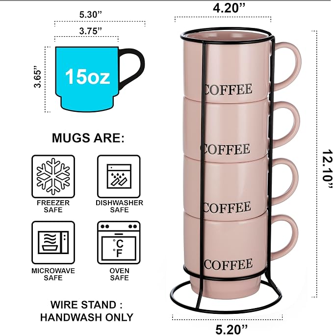 Signature Housewares Stackable Coffee Mug Tower Set with Metal Wire Rack - 15 Ounce Coffee Mugs for Coffee, Tea, Cocoa, Milk, Cappuccino, Hot Chocolate Set of 4 - Pink Coffee