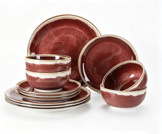 Sweejar 12 Pieces Ceramic Dinnerware Sets for 4, Burgundy Red | Gradient Glaze Plates and Bowls Set, Microwave & Dishwasher Safe, Stackable Dish Set, Scratch Resistant Dishware Sets