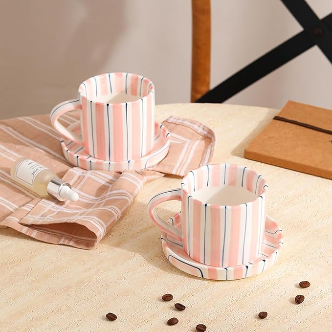 Hand-Painted Ceramic Coffee Mug and Saucer Set, 8 oz Artisan Striped Porcelain Espresso Cup, Decorative Tea Cup with Large Handle for Home, Office,Pink
