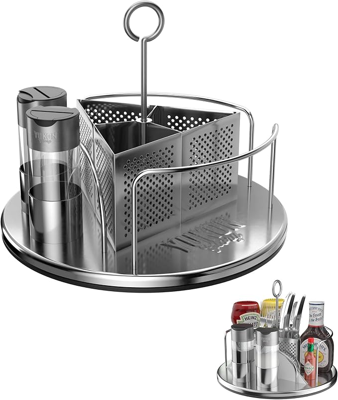 Rotating Condiment Caddy, Stainless, 360-Degree | 2 glass salt and pepper shakers, carry handle, patent pending. For outdoor grill and patio.