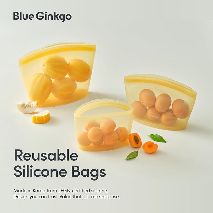 Blue Ginkgo Silicone Food Storage Bags, 4-Pack, Reusable, Made in Korea | Leakproof. Stand Up. Freezer and Dishwasher Safe. (Pumpkin)