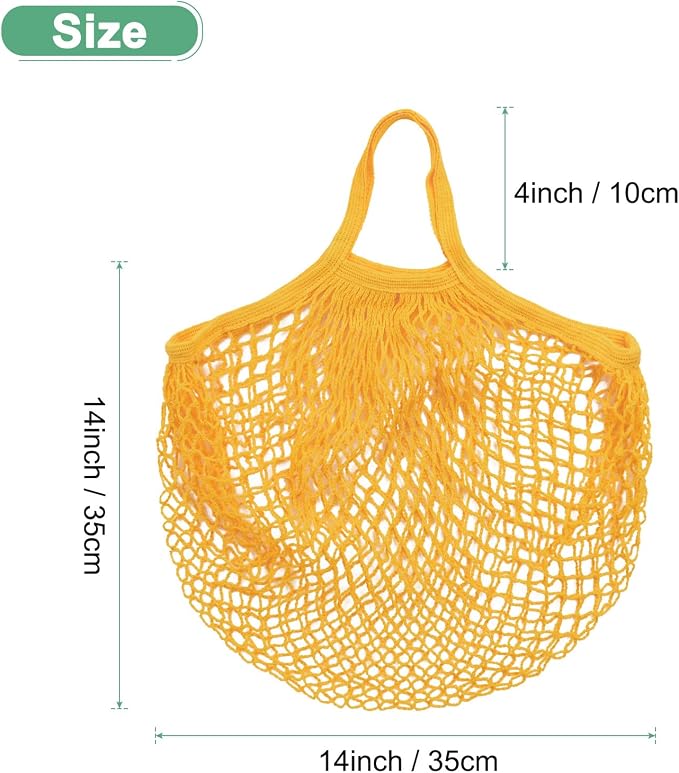 M METERXITY 1-Pack Cotton Mesh Bag, Reusable Washable Mesh Net String Grocery Bags, Reusable Produce Bags with Handle, Net Tote Bag for Fruits/Vegetables Shopping [Yellow, Short Handle]