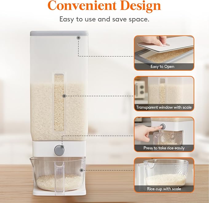 Lifewit Rice Dispenser 25 Lbs, Airtight Storage with Measuring Cup, Clear | BPA-Free 11.3kg Capacity Storage Container for Beans, Corn & Other Small Grains, One-Press Dispensing Bin for Kitchen Pantry