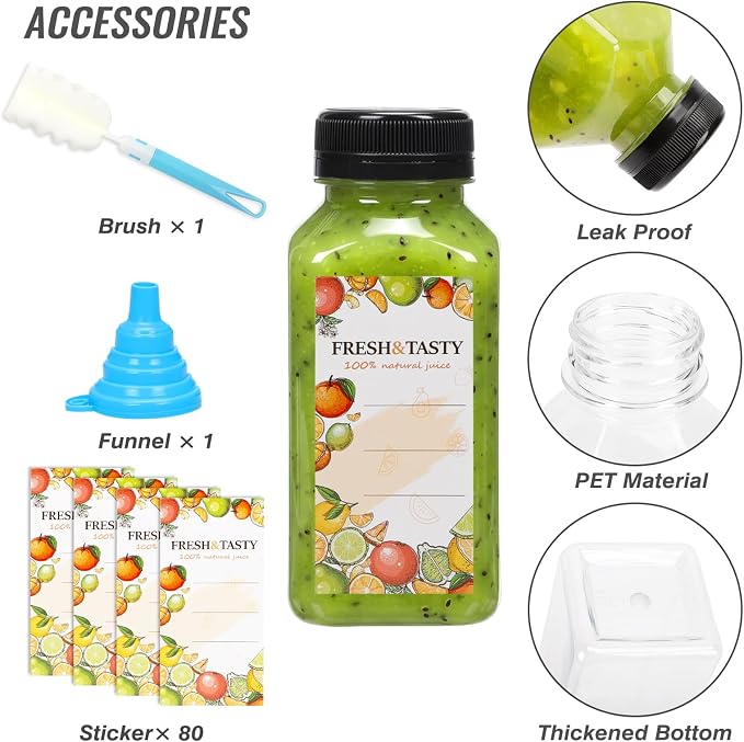 80pcs 8oz Plastic Juice Bottles with Caps, Sticker Labels, Brush | Empty Reusable Clear Bottles with Lids Labels, Funnel and Brush Beverage Containers Bulk with for Juicing, Smoothies, Fridge
