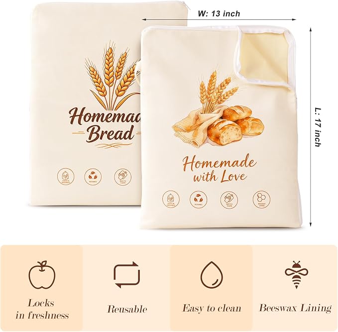 2 Pack Beeswax Bread Bags for Sourdough Homemade Bread, sourdough Bread Bag | 13x17in Reusable Bread Bag, beeswax bags Natural Beewax Lined Wide Zipper Bread Bag Keep Loaves Fresh Longer for Food Storage