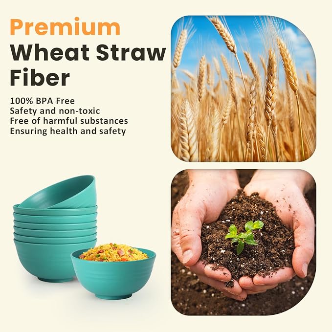 Wheat Straw Bowls, Cereal Bowls, Plastic Bowl Alternative, Set of 8, Unbreakable Microwave Safe Bowls for Soup, Salad, Dinner, Cereal, Snack, Dishwasher Safe for Kitchen, Party (Green, 26 OZ)