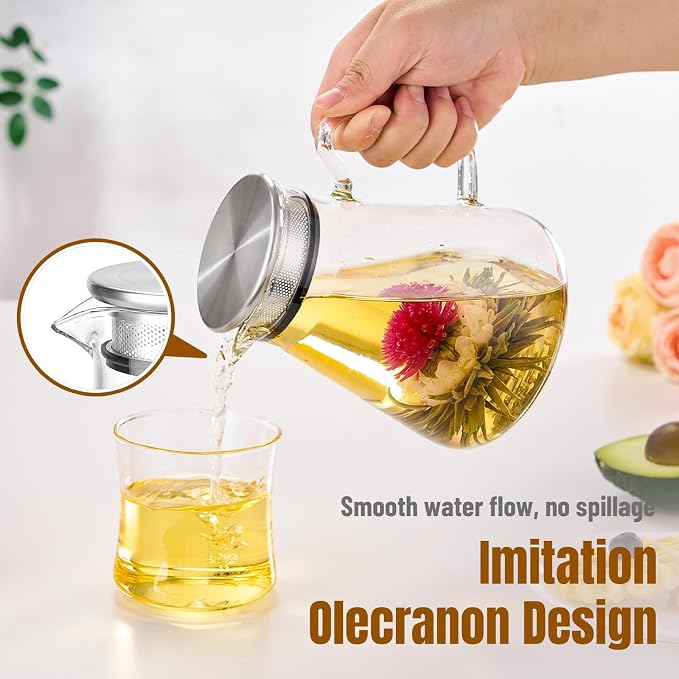Baalaka Glass Teapot with Infuser, Stovetop Glass Tea Kettle, 33oz/1000ml | One-touch borosilicate loose leaf tea steeper with removable steel filter lid; glass body works in microwave and dishwasher