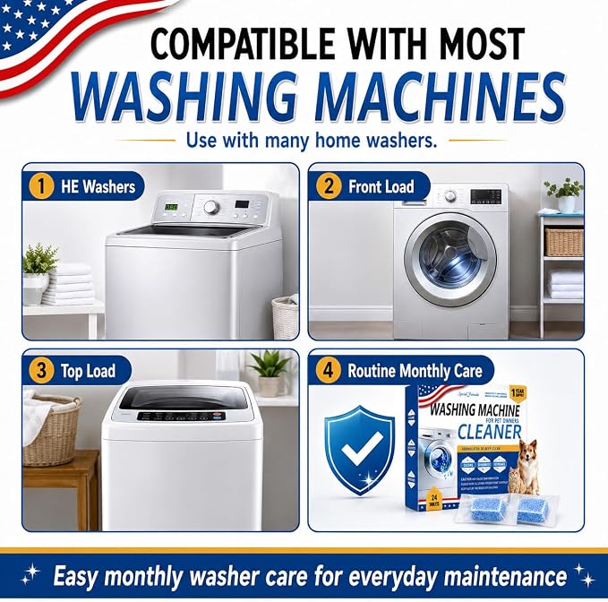 Enzyme Washing Machine Cleaner Tablets for Pet Owners, Deep Clean | Throughly Remove Wash Deodorizer Pet Odor & Hair Residue, for HE Front/Top Load Washers, 24 Count,1 Year Supply