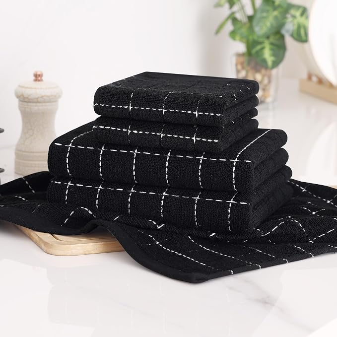 Homaxy Kitchen Towels and Dishcloths Set, Set of 12, Black | Bulk Cotton Terry Kitchen Towels, Checkered Designed, Soft and Super Absorbent Dish Towels, 12 x 12 and 13 x 28 Inches