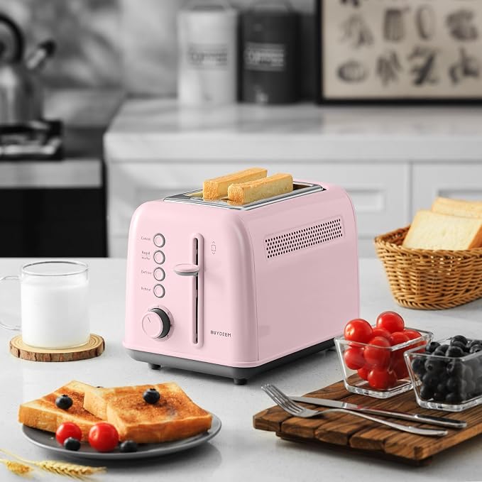 BUYDEEM DT620 2-Slice Toaster, 7 Shade Settings, Extra Wide 1.5'' Slots for Bagel & English Muffin, 6 Toasting Functions, Retro Stainless Steel Toaster with High Lift Lever, Pink