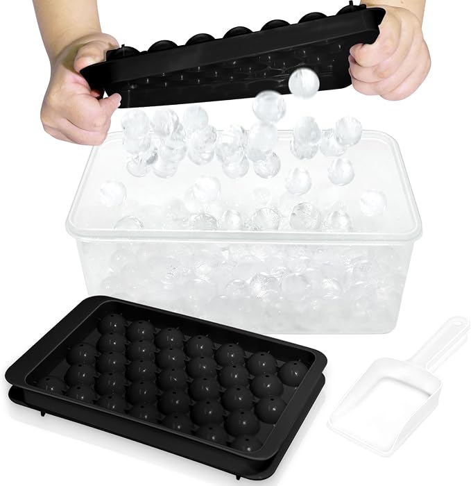 Ice Cube Tray with Lid and Bin, 1" Round Ice Trays for Freezer | 2 Black Ice Cube Trays with Ice Box & Scoop, 1" Round Ice Balls for Iced Coffee & Juice, Easy Twist Release, For Gatherings