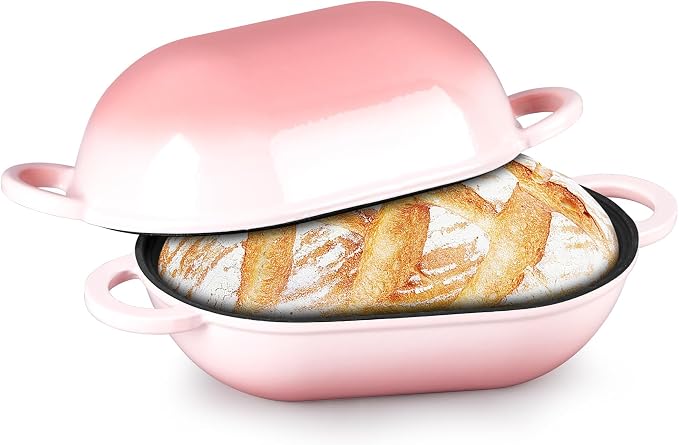 TeamFar Enameled Cast Iron Bread Loaf Pan, 2 QT Oval Dutch Oven with Lid | for Sourdough Bread Baking, Enameled Meatloaf Loaf Baking Pan with Lid, Even Heat Distribution & Self-Basting, Pink
