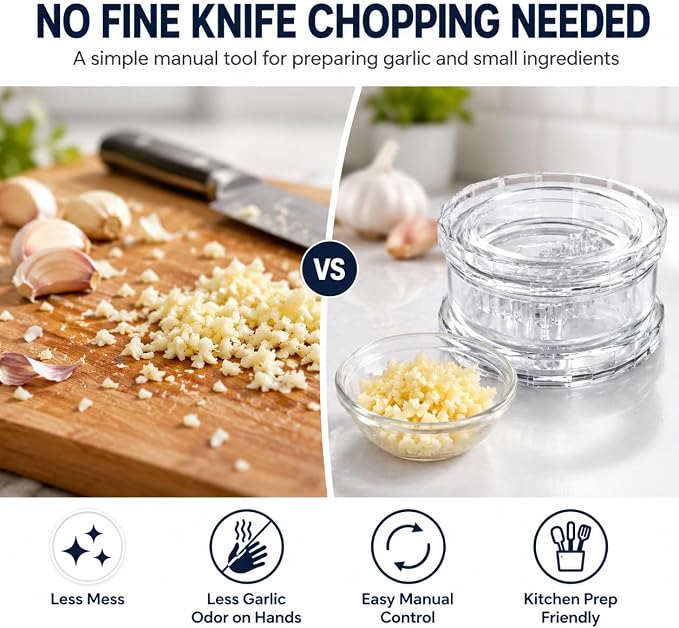 2027 New Garlic Mincer, 2PCS Clear Manual Garlic Twister and Ginger Mincer Tool, Garlic Chopper, Garlic Crusher & Garlic Grinder for Garlic, Ginger, Onion, Herbs and Nuts, Manual Kitchen Gadget