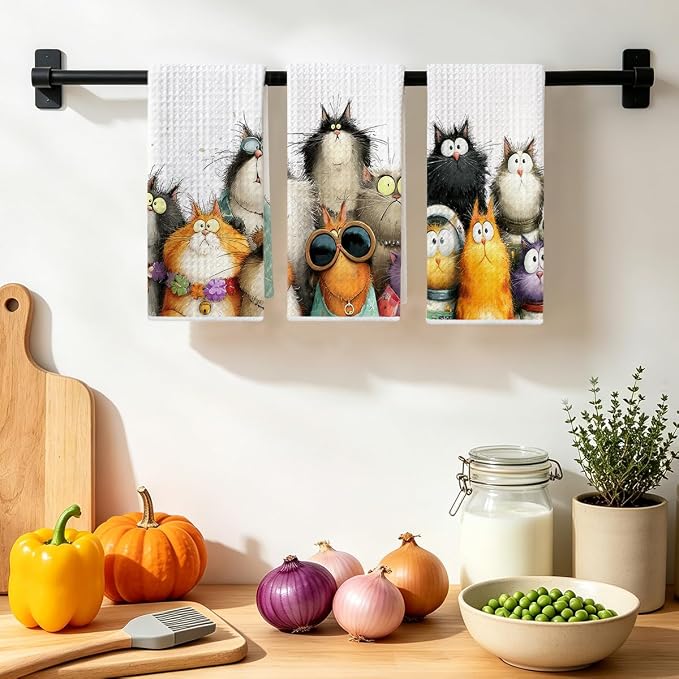 3 Pcs Cute Cat Kitchen Towels, Funny Cats Gifts Absorbent Hand Towels-01 | Cat Dish Cloths for Drying Dishes, Cats Waffle Dish Towels for Kitchen Home Bathroom Decor, Cat Lover Gifts for Women Mom