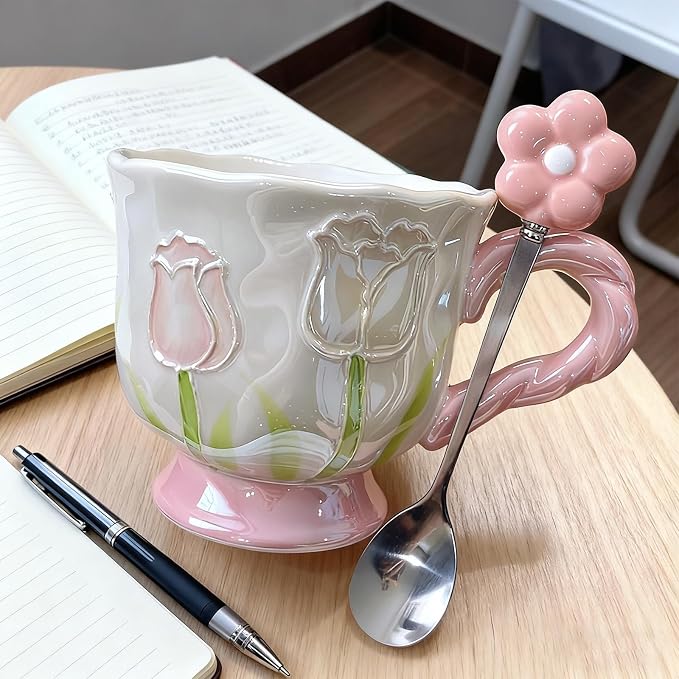 Ceramic Coffee MugEspresso Cup 14oz Pink Cute Flower withSpoon | novelty coffee mug，Glazed Ceramic Smooth Glossy Surface Lead ，Comes with Matching Spoon ，cute mugs for women