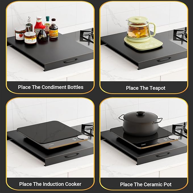 Noodle Board Stove Cover with Handles, Gas Stove Cover Board Carbon Steel Stove Top Covers for Gas and Electric Stove Range Expanding Kitchen Space (Black, 15.7"Lx19.7"Wx2.7"H)
