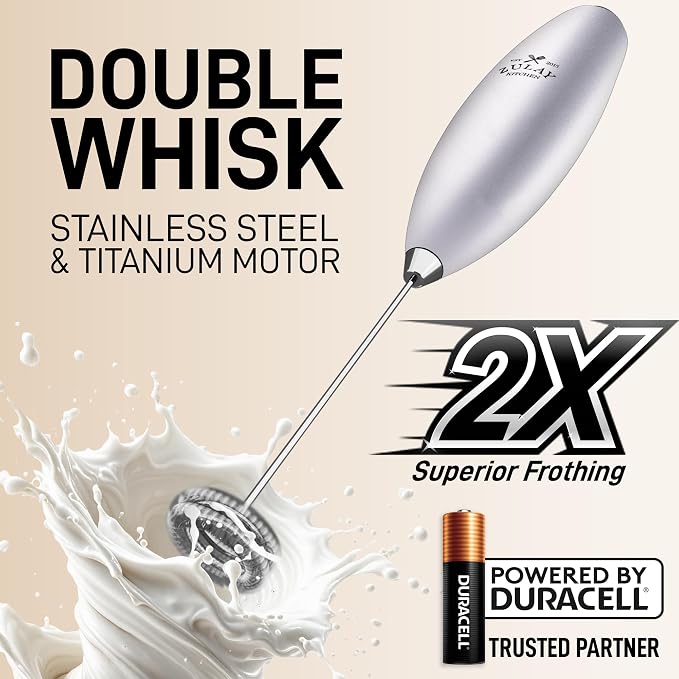 Zulay Kitchen Powerful Milk Frother Wand With Duracell Batteries - Ultra Fast Handheld Drink Mixer - Electric Whisk Foam Maker for Coffee, Lattes, Cappuccino & Matcha - Double Whisk - Silver