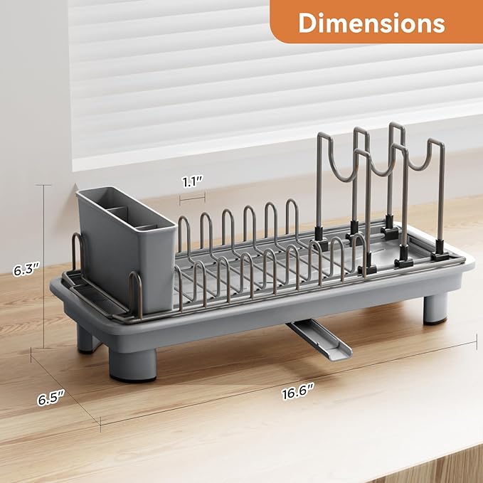 Laveshop Small Dish Drying Rack, Compact Dish Drainer for Kitchen Counter, with Adjustable Back Slots, Space-Saving for Small Kitchens, Gray