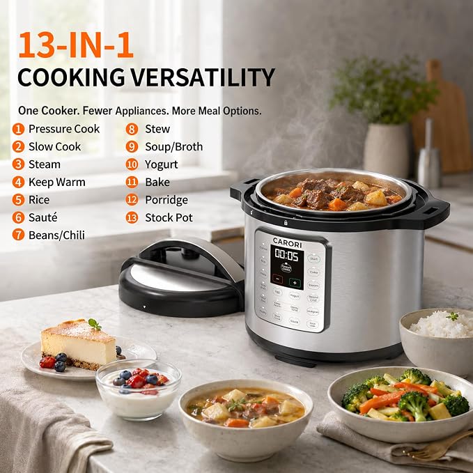 CARORI 8Qt 12-in-1 1200W Stainless Steel Pressure Cooker,Quick Meals, Time-Saving, Healthy, Convenient & Efficient - with Safer Venting & Recipe Book, Silver