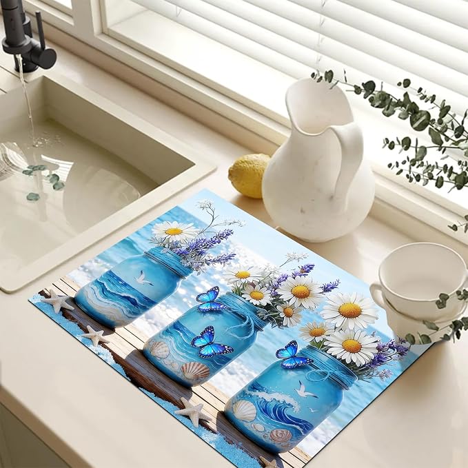 HOMETITUTE Summer Stove Top Covers for Electric Stove 28x20 Inches Coastal Mason Jar Floral Heat Resistant Glass Cooktop Protector Pad Decorative Stovetop Cover for Kitchen Coffee Bar Decor