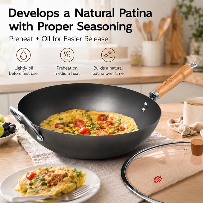 WANGYUANJI 13.4 Inch Carbon Steel Wok Pan with Glass Lid, Flat Bottom Chinese Stir Fry Wok for Induction, Gas and Electric Stoves, Uncoated Iron Wok for Stir Frying, Sautéing and Deep Frying