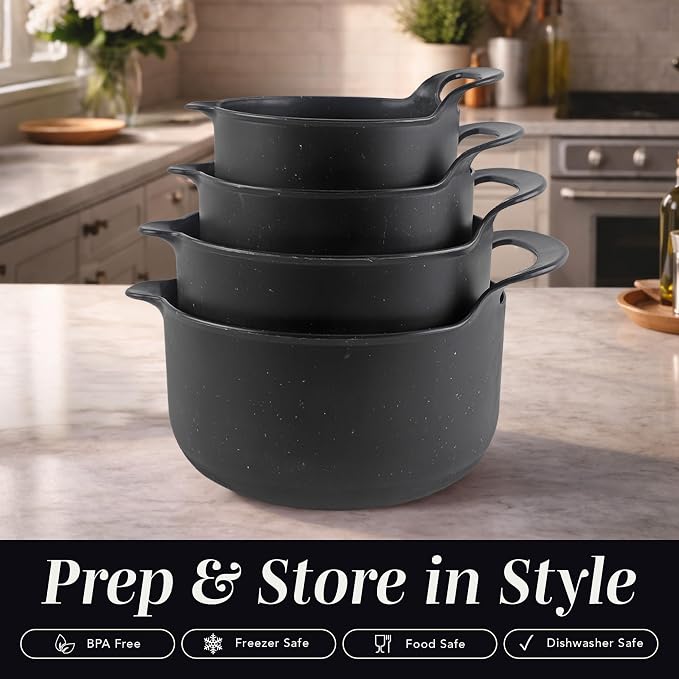COOK WITH COLOR Nesting Plastic Mixing Bowl Set with Pour Spouts and Handles, Black Speckled, 4 Piece Non-Slip