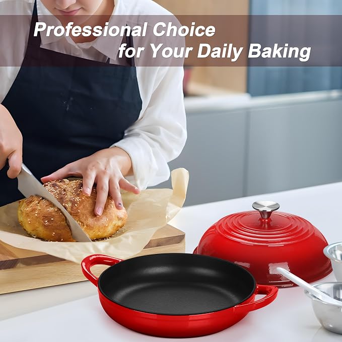 TeamFar Cast Iron Bread Dutch Oven, 6 Qt Enameled Dutch Oven Pot | for Sourdough Bread Baking, with Tall Dome Lid & Round Base Pan, Self-Basting & Even-Heating, Heavy-Duty & Non-stick, Red