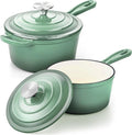 Leonyo 1Qt & 2Qt Saucepan Set, Cast Iron Dutch Oven Pot, Pistachio Green | For All Cooktops Cooking Pasta, Milk, Oatmeal - Up to 500°F & Nonstick