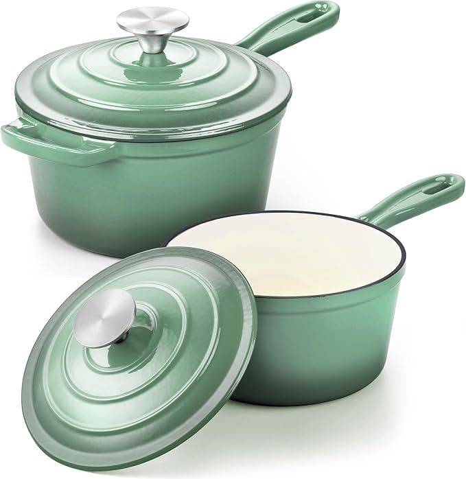 Leonyo 1Qt & 2Qt Saucepan Set, Cast Iron Dutch Oven Pot, Pistachio Green | For All Cooktops Cooking Pasta, Milk, Oatmeal - Up to 500°F & Nonstick
