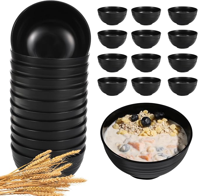 HEYCOME 12 Pcs Unbreakable Cereal Bowls Set, 26 Oz Wheat Straw Bowls Set, Microwave & Dishwasher Safe Bowls for Kitchen, Reusable Plastic Bowls for Soup, Salad and Snack, BPA Free, Black