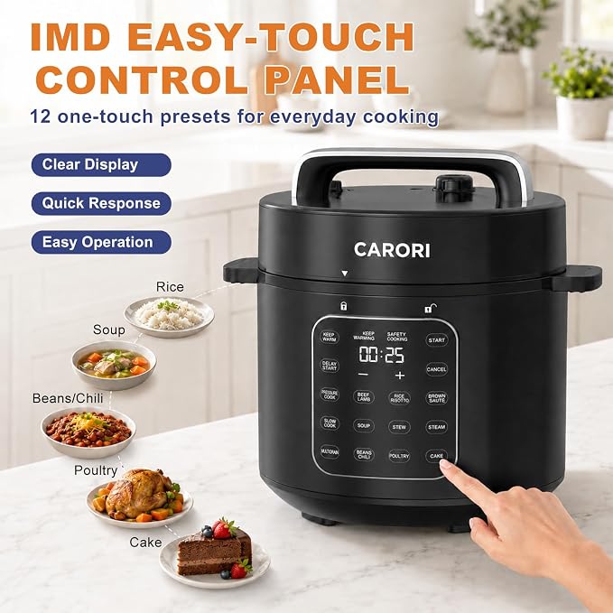 CARORI 6 Qt Electric Pressure Cooker, 9-in-1 Multi-Cooker with 2 Inner Pots, 6 Qt Stainless Steel Pot and 5 Qt Ceramic Nonstick Pot, 12 Presets, IMD Touchscreen, Black
