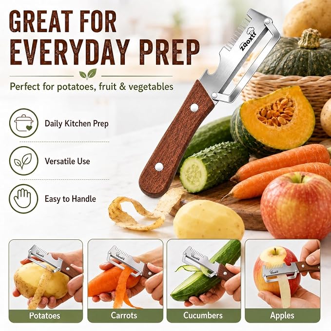 3-in-1 Multifunctional Vegetable Peeler for Kitchen | Sharp Stainless Steel Blade with Wooden Handle, Scallion Shredder and Bottle Opener Fruit and Vegetables. 2Pcs