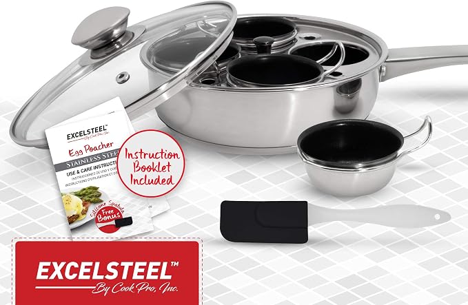 EXCELSTEEL Non Stick Easy Use Rust Resistant Home Kitchen Breakfast Brunch Induction Cooktop Egg Poacher, 4 Cups, 18/10 Stainless Steel