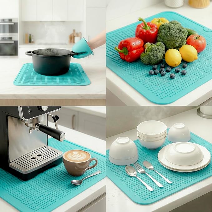 MicoYang Silicone Dish Drying Mat for Multiple Usage,Easy clean,Eco-friendly,Heat-resistant Silicone Mat for Kitchen Counter or Sink,Refrigerator or Drawer Liner Mint XL 18 inches x 16 inches