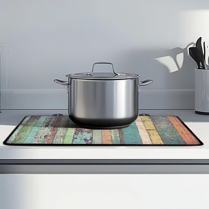 Wooden Stripe Stove Top Covers for Electric Stove, Vintage Colorful Wooden Plank Glass Stovetop Cover with Lanyard Rustic Wood Grain Countertop Protector Mat for Kitchen 28 x 20 Inch