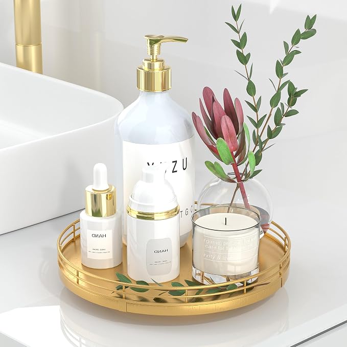 Oroyutor 9-Inch Oak Lazy Susan Vanity Tray with Gold Metal Rail | Rotating oak tray organizes spices, toiletries and decor on kitchen counters, bathroom vanities, dining and coffee tables.