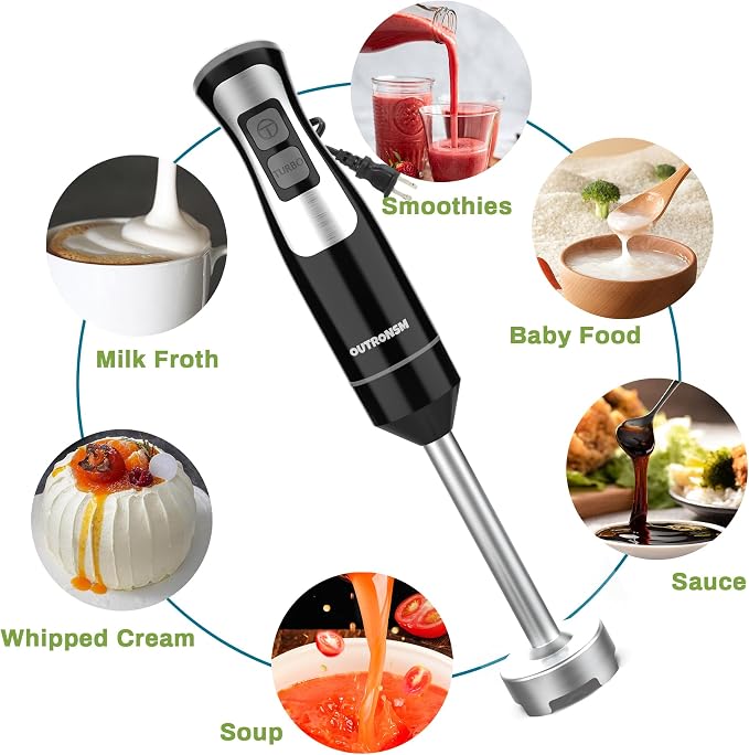 Immersion Blender Handheld, OUTRONSM Hand Blender with 4-point thickened SS blades, Milk Frother, Egg Whisk for Coffee Milk Foam, Puree Baby Food, Smoothies, Sauces and Soups – Black | 8-speed stick blender, Pure Copper Winding Motor, 5.2 feet power co...