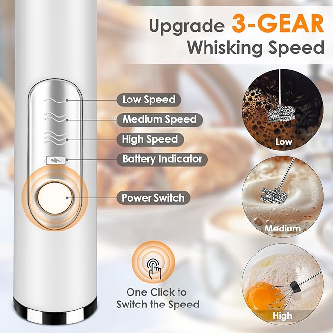 Milk Frother Handheld, Rechargeable Coffee Frother Wand, Drink Mixer, White | Electric Foam Maker with 2 Stainless Whisks 3 Speeds, Hand Mixer for Lattes, Cappuccino, Matcha, Egg