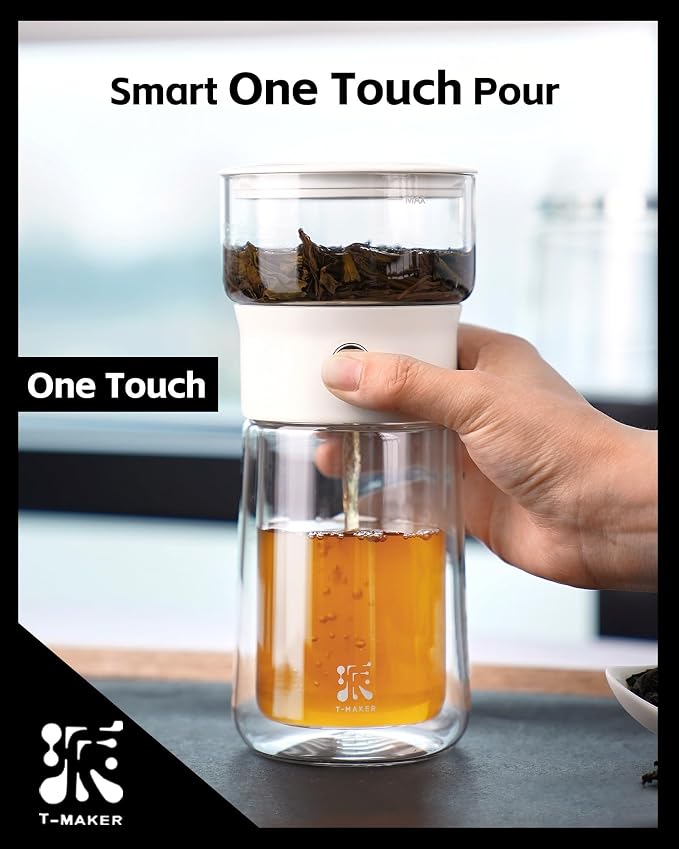 ZENS Modern Glass Infuser Pot, One Touch Tea Maker for Loose Leaf Tea | Glass Teapot with Infuser, Magic Tea Infuser with 6.7oz Insulated Mug and Portable Case for Tea Lovers Gifts