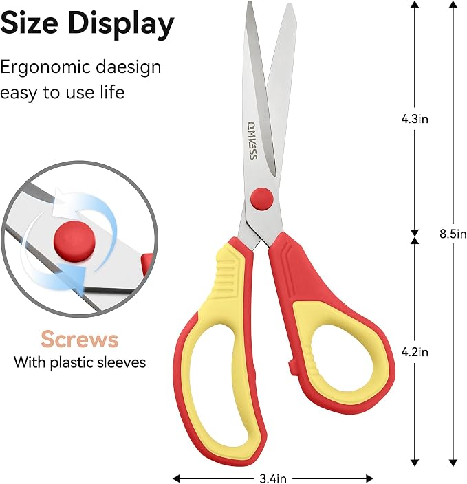QMVESS 8.5" Scissors All Purpose 3 Pack, Ultra Sharp 2.5mm Thick Blade Scissors for Office, Professional Ergonomic Comfort Grip for Office School Home Fabric Sewing DIY Craft Cutting General Use