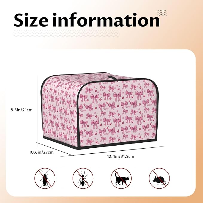 4 Slice Toaster Cover Pink Bow Pattern Cherry Dust Proof Washable Kitchen Appliance Cover with Pocket, Oxford Fabric Countertop Toaster Protector for Standard Toasters Small Appliances