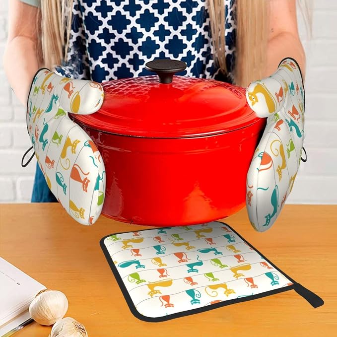Mid Century Modern Cats Oven Mitts and Pot Holders Set Heat Resistant Cute Oven Gloves for BBQ Baking Grilling Cooks Kitchen Decor 3 Piece