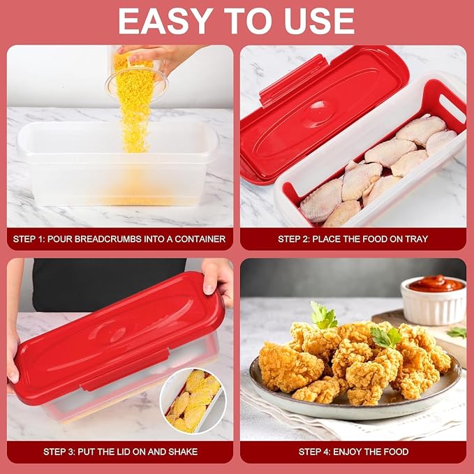 Batter Bowl with Lid, 2-Pack Fish Batter Shaker, Better Breader Shaker Bowl with Breading Shaker Tray, Batter Bowl with Lids Shaker for Frying Chicken Wings Fish Onion Rings Veggies (Red)