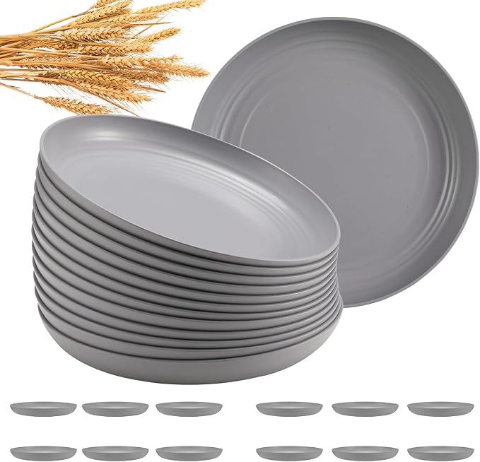 HEYCOME 12 Pcs Unbreakable Deep Dinner Plates Set, 10 inch Reusable Plastic Wheat Straw Plates, Microwave and Dishwasher Safe Plate for Kitchen, Lightweight Plate for Dessert, BPA Free, Gray