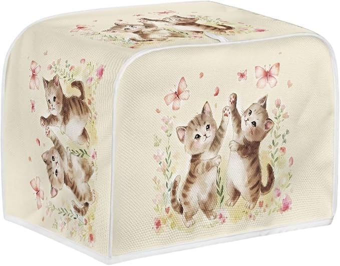 Cat Butterfly Print Toaster Cover For Home Office, Spandex Quilted Toaster Cover 2 Slice Wide Slot Breadmaker Cover Stain And Fingerprint Protection, Beige