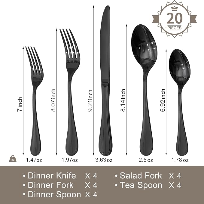 18/10 Stainless Steel Silverware Set for 4, 20 Piece Black Flatware Set | KINGSTONE Teardrop Heavy Cutlery Set, Mirror Polished Knives Fork Spoons Utensils, Dishwasher Safe for Home Kitchen Wedding