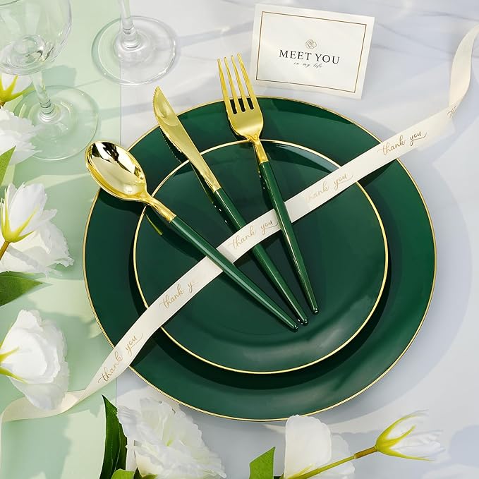Bestluck 350PCS Green Plastic Dinnerware Set, Green Plastic Plates for 50 Guests, Include 100 Green Gold Plates with 150 Plastic Cutlery, 50 Napkins and 50 Cups