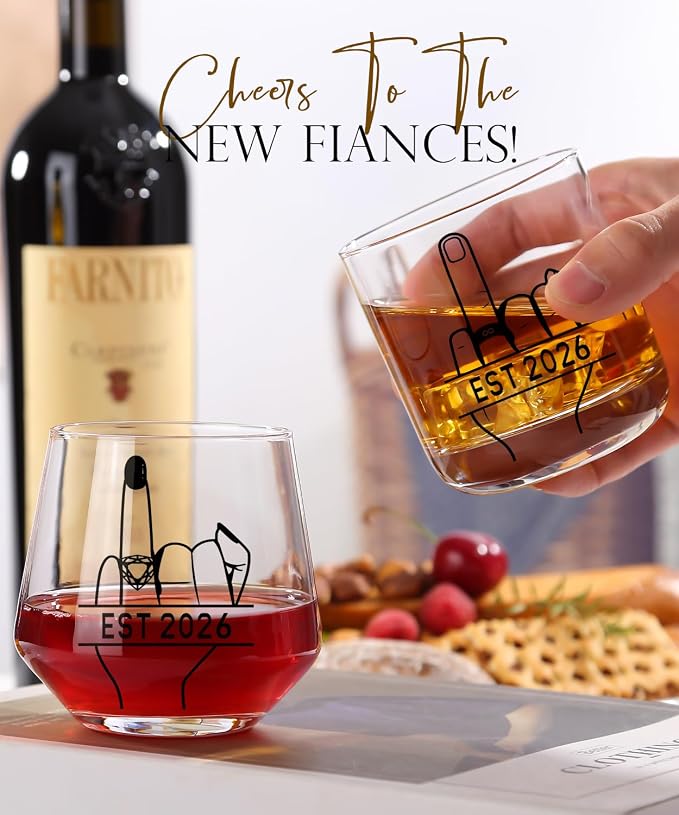 comfit Engagement Gifts for Couples 2026 - Bridal Shower Gift - Valentine's Day,Wedding Gifts for Couples, His and Hers, Newlywed - Wine&Whiskey Glass for Mr and Mrs
